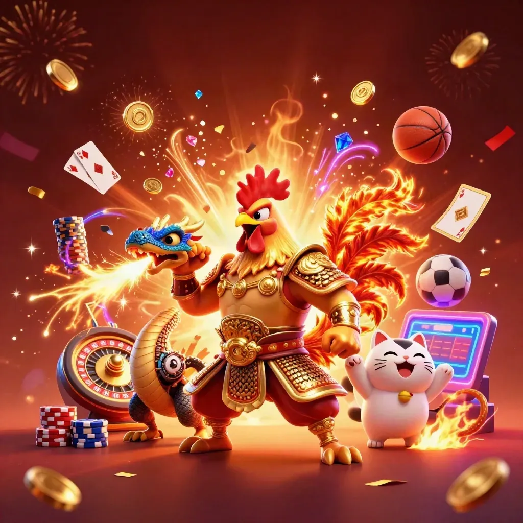 Rooster warrior, dragon hatchling and lucky cat amid chips, cards, coins and sparks