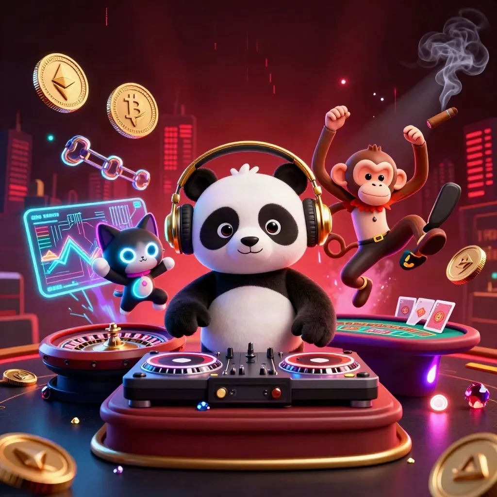 DJ panda, monkey, and glow-stick kitten in a neon casino-rave scene