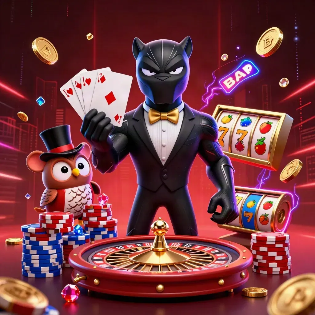 Tuxedo panther, owl, and mouse amid chips, coins, roulette, gems, and neon casino energy.