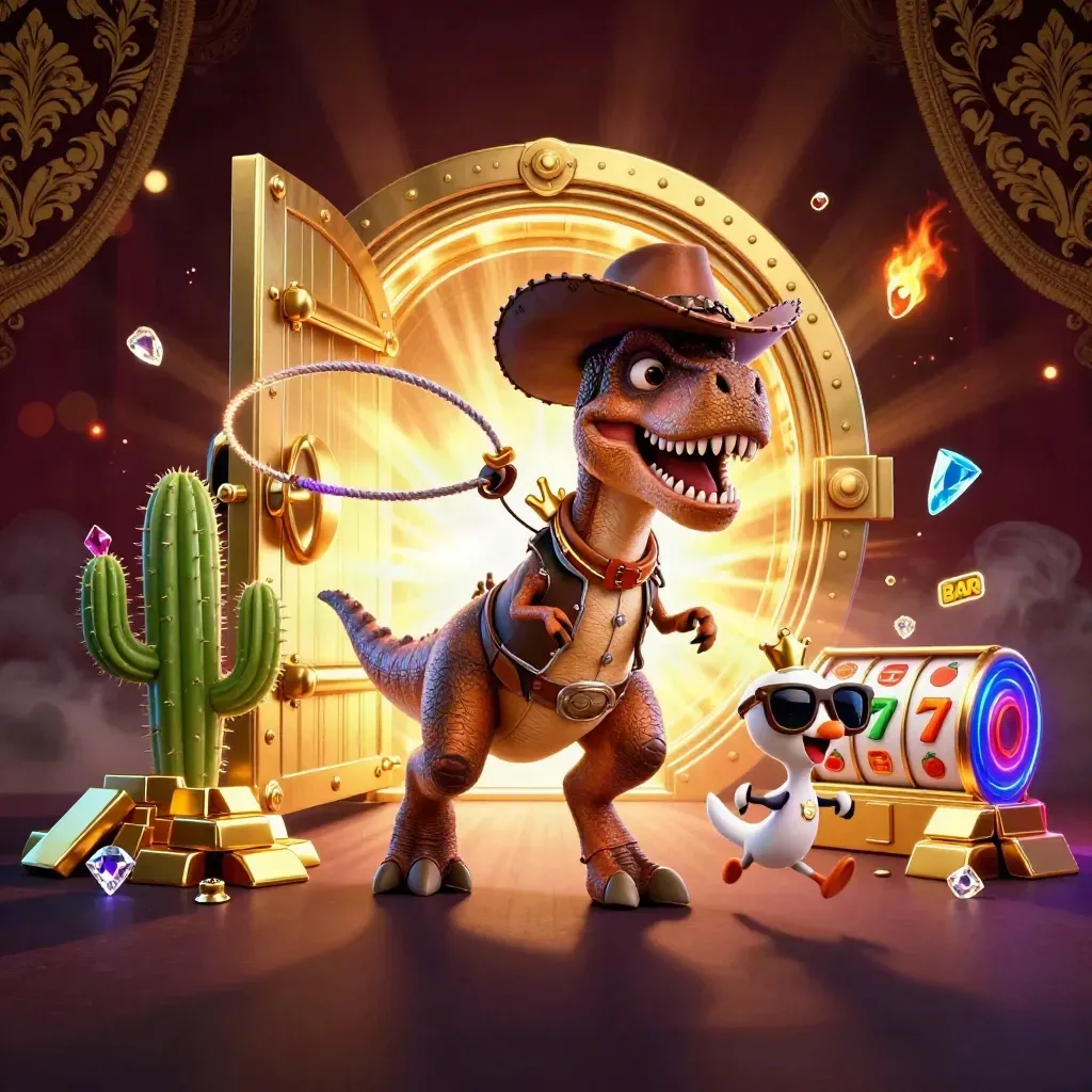 Cowboy T-Rex, cactus sidekick and roadrunner burst around a glowing golden vault in neon-blue casino key art.
