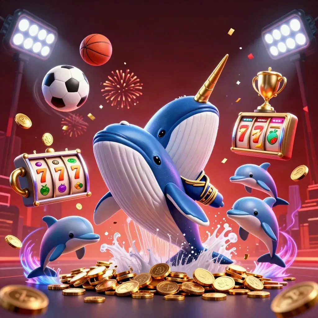 Whale captain, narwhal, and dolphins burst through coins with neon casino energy