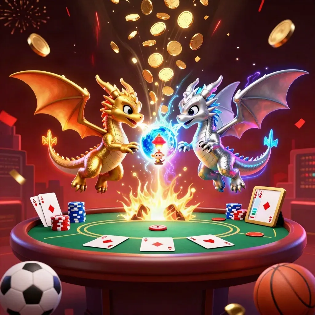 Twin gold and silver dragons burst through treasure with casino gear and fireworks