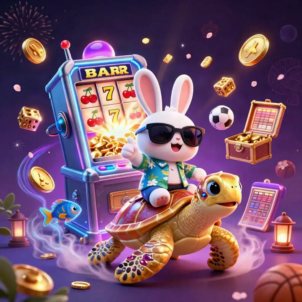 Lucky rabbit rides a gold sea turtle as coins, slot symbols and fireworks burst in neon casino glow.
