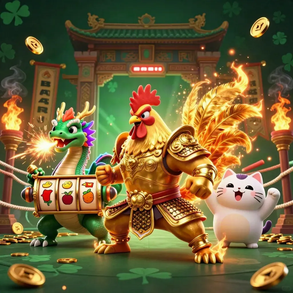 Rooster warrior, dragon hatchling, and lucky cat amid slot reels in a neon casino scene.