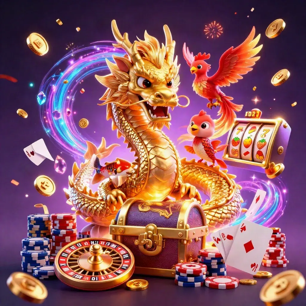 Golden dragon, phoenix and koi amid casino loot, coins, reels, cards and chips in neon purple-blue glow.